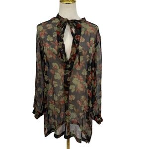 Polo Ralph Lauren Blouse Womens 6 Black Floral Tie Neck Sheer Chiffon Tunic Top